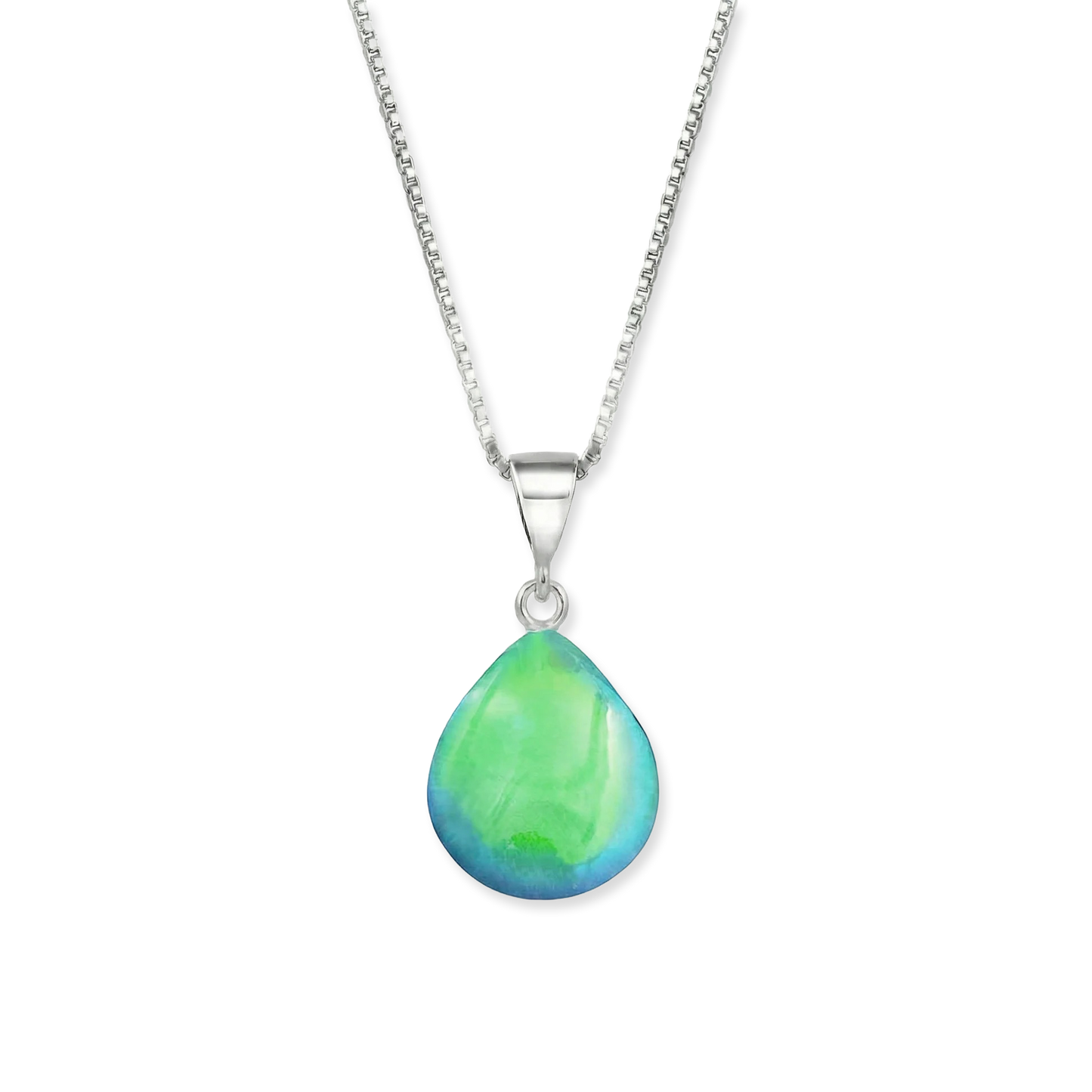 Teardrop-shaped pendant with a green and blue gradient on a silver chain against a white background