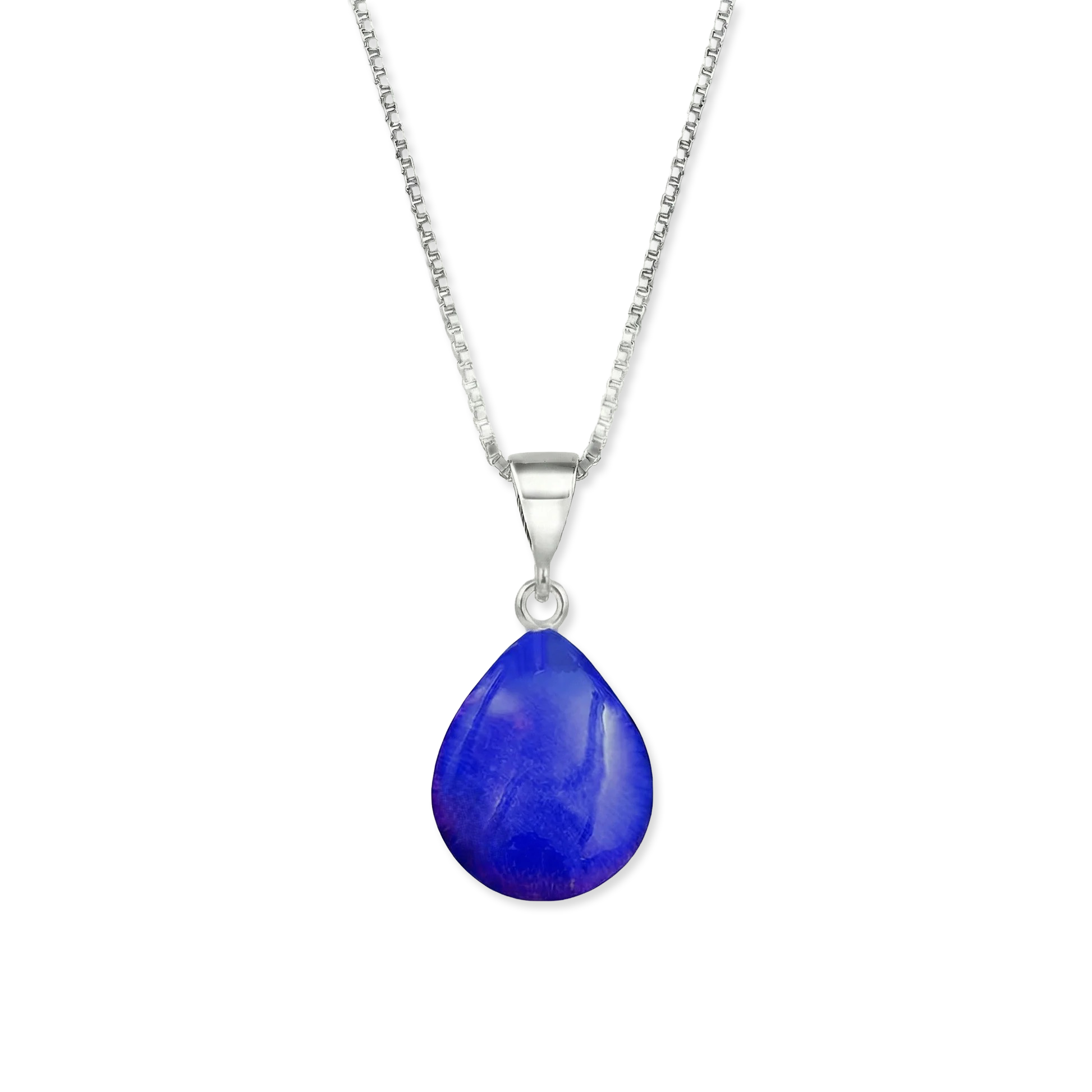 Violet teardrop pendant on a silver chain against a white background