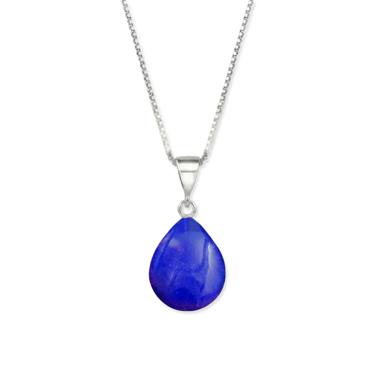 Violet teardrop pendant on a silver chain against a white background