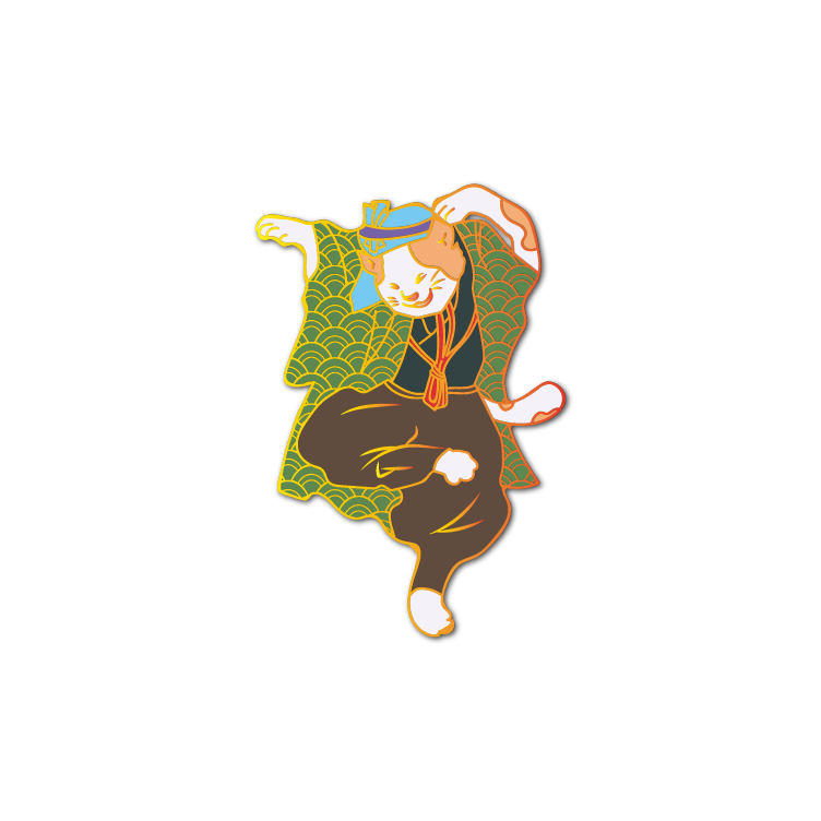 Emaille-Anstecker: Tanzende Ukiyo-e-Katze im grünen Kimono