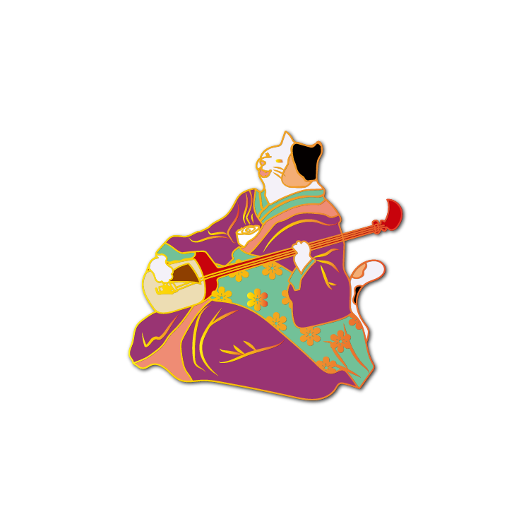Enamel Pin: Ukiyo-e Cat Musician in Purple Kimono