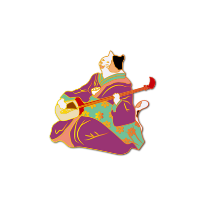 Enamel Pin: Ukiyo-e Cat Musician in Purple Kimono