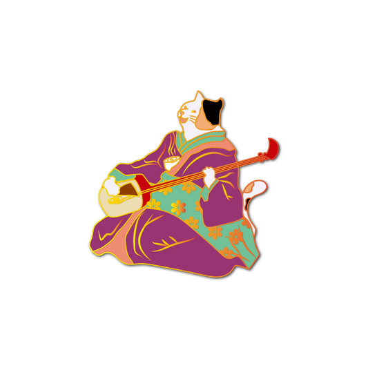 Pin de esmalte: Músico gato Ukiyo-e con kimono morado