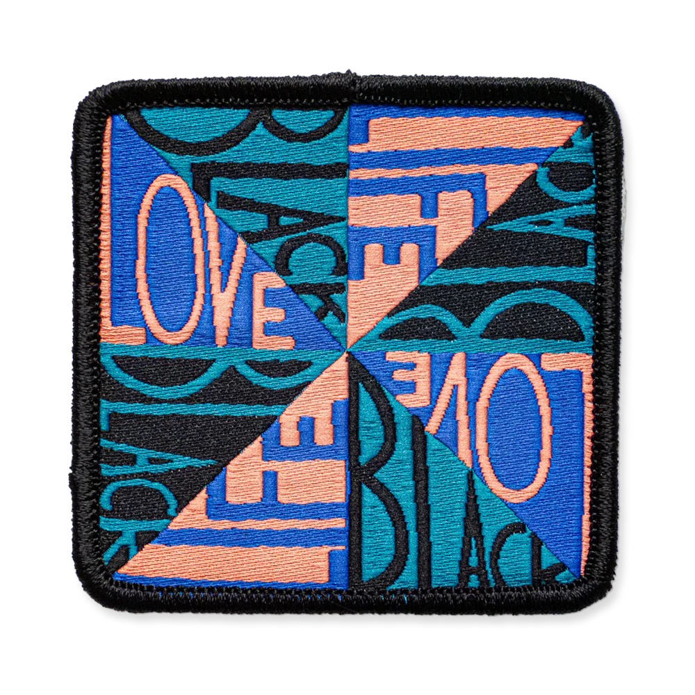 Colorful patch with geometric design and text on a white background