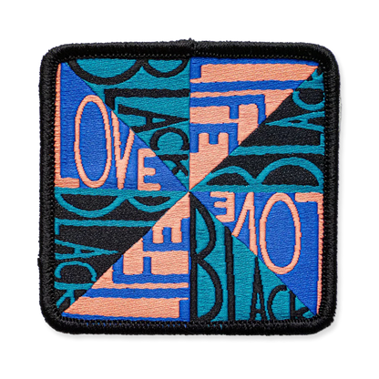 Colorful patch with geometric design and text on a white background