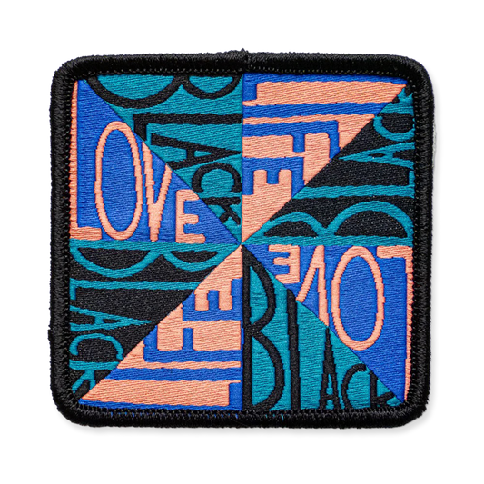 Colorful patch with geometric design and text on a white background