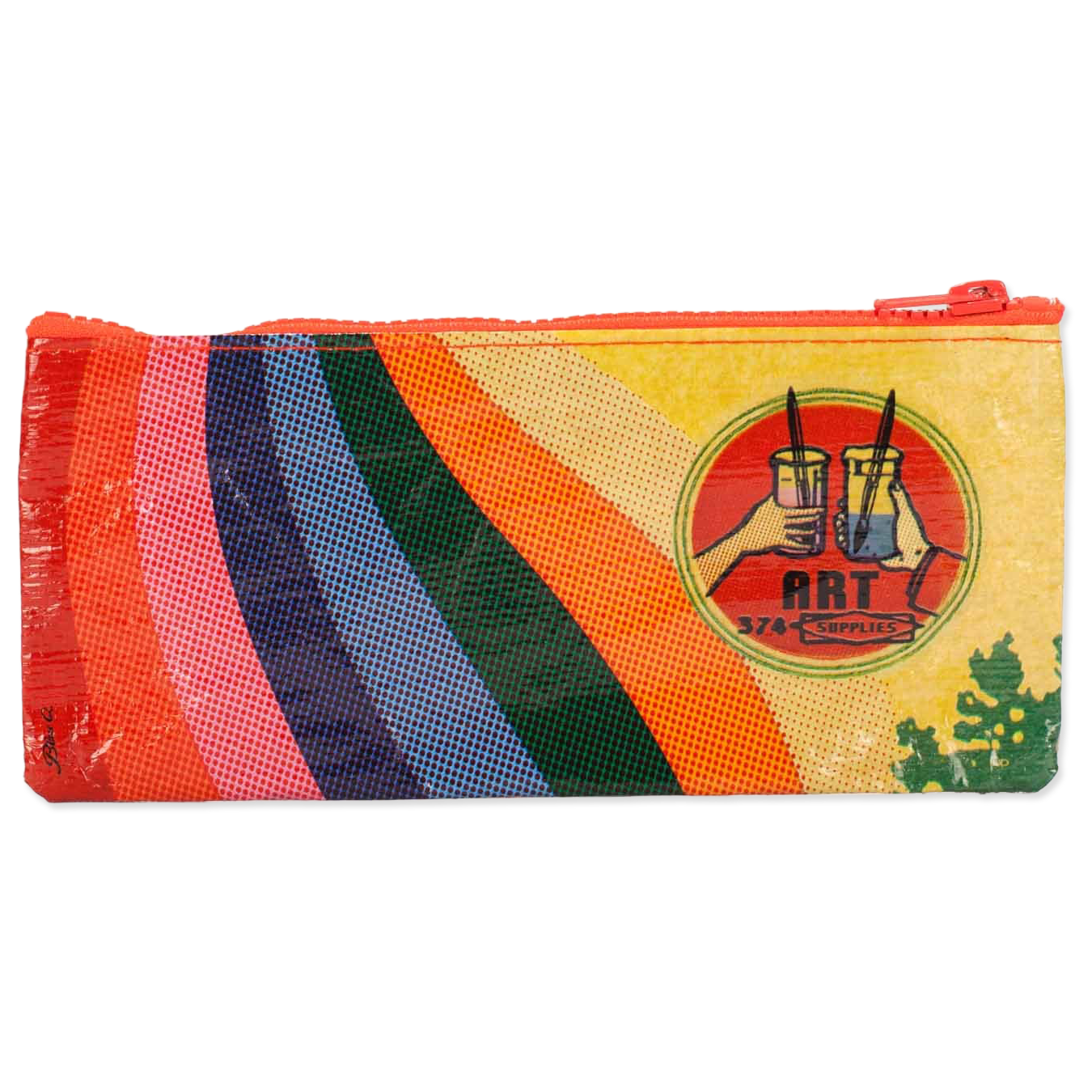 Colorful striped pouch with a logo on a white background