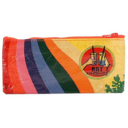 Colorful striped pouch with a logo on a white background