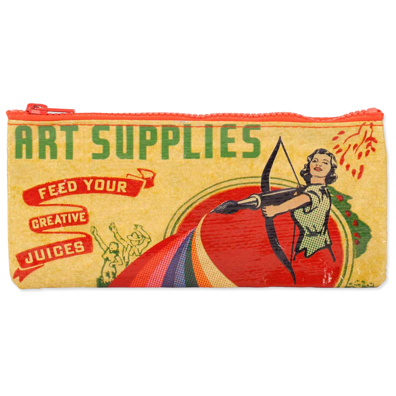 Pencil case with vintage design featuring a woman with a bow and arrow and text about art supplies.