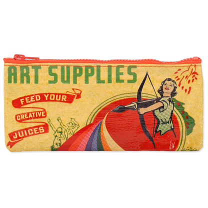 Pencil case with vintage design featuring a woman with a bow and arrow and text about art supplies.