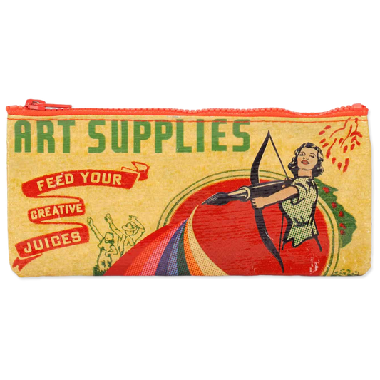 Pencil case with vintage design featuring a woman with a bow and arrow and text about art supplies.