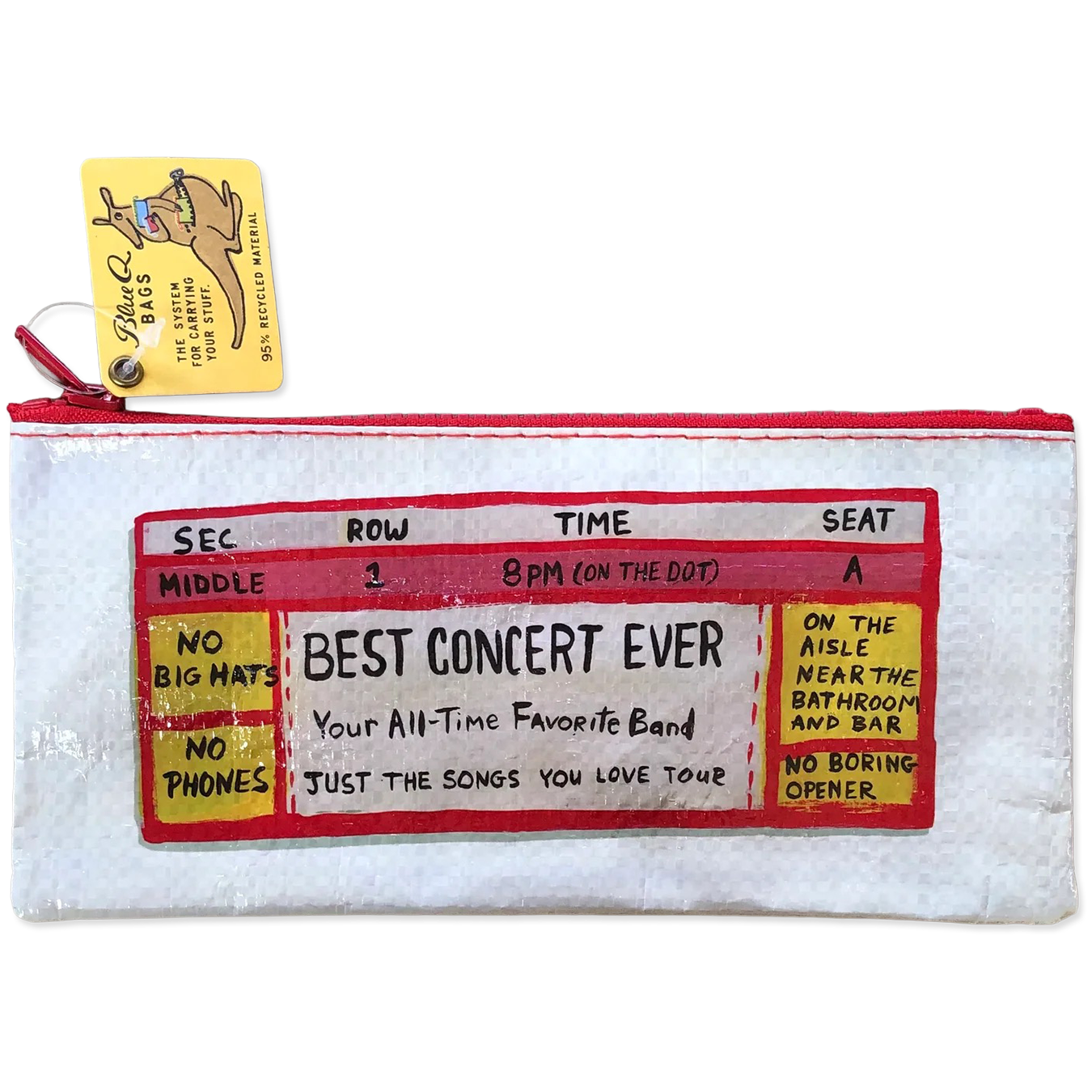Pouch with concert ticket design and a tag on a white background