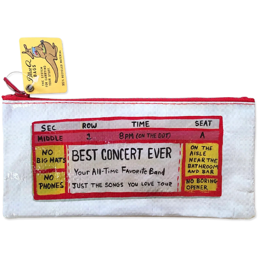 Pouch with concert ticket design and a tag on a white background
