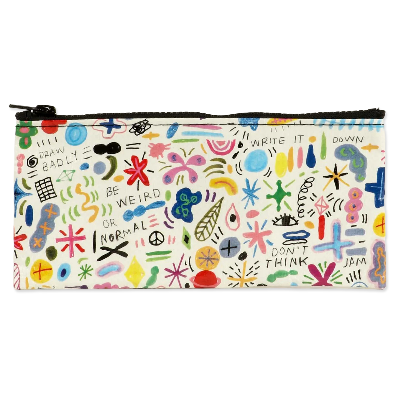 Pencil case with colorful abstract designs and text on a white background