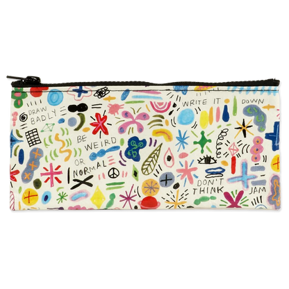 Pencil case with colorful abstract designs and text on a white background