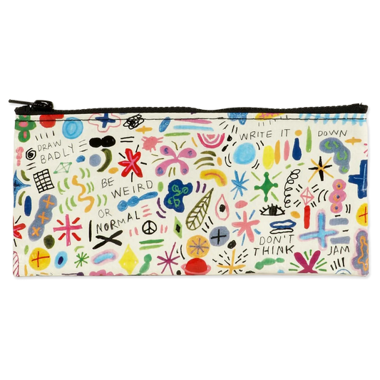 Pencil case with colorful abstract designs and text on a white background