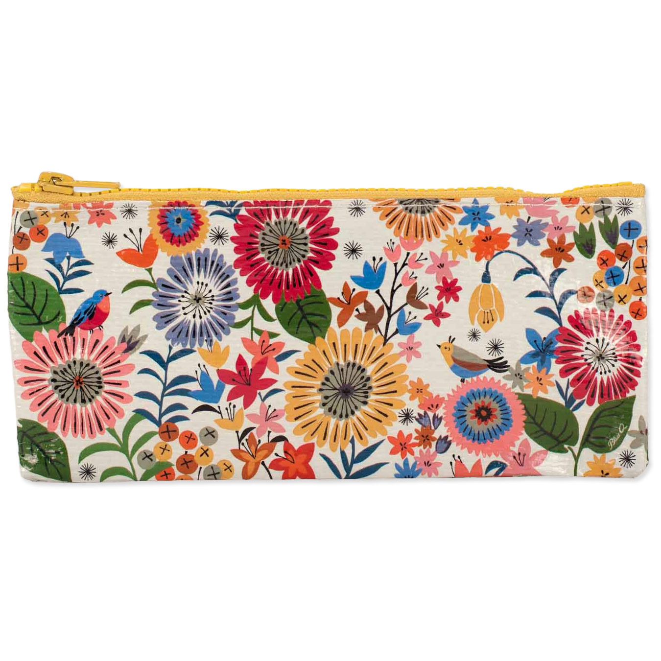 Zippered pouch with colorful flower illustrations
