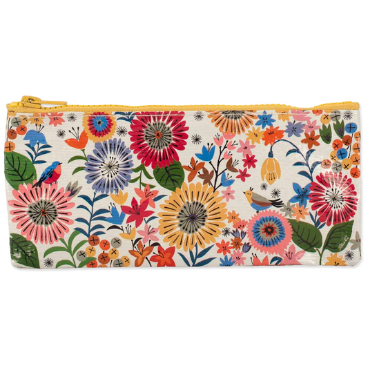 Zippered pouch with colorful flower illustrations