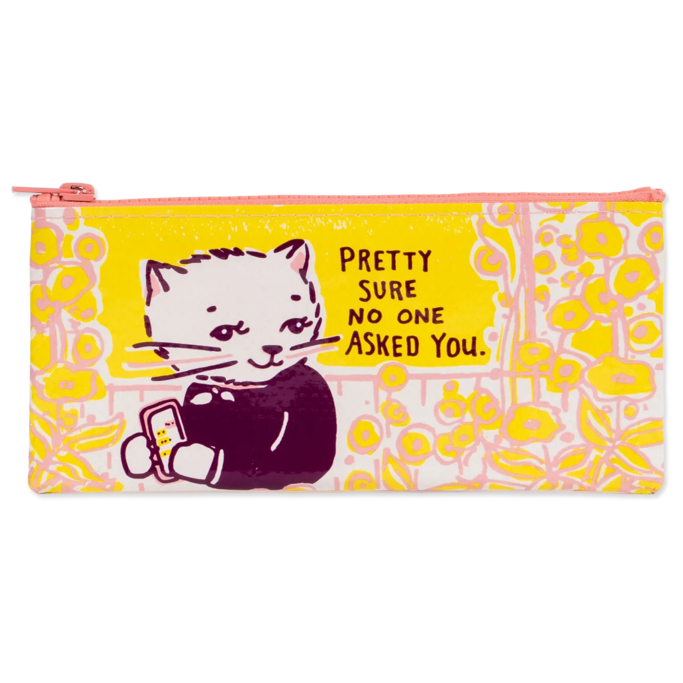 Pencil case with a cat illustration and text on a yellow background