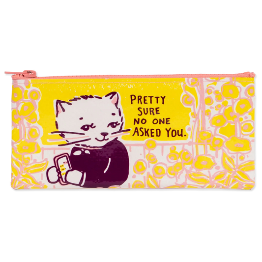 Pencil case with a cat illustration and text on a yellow background
