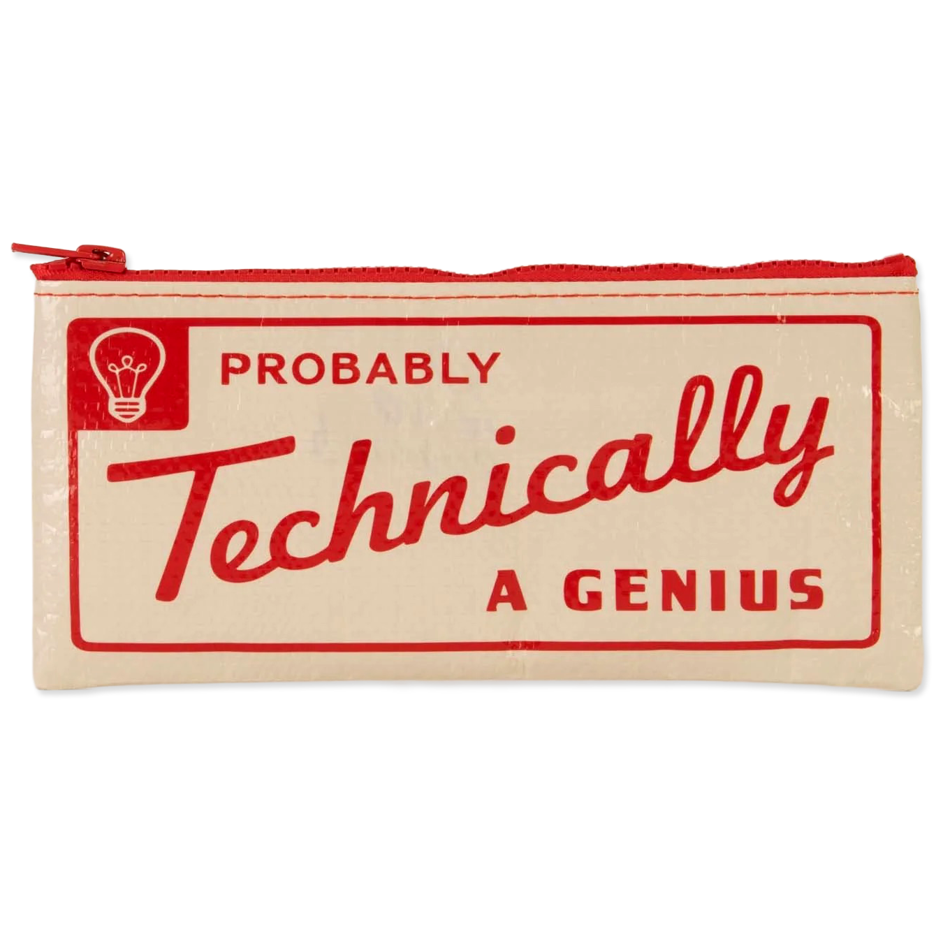 Pouch with 'Probably Technically A Genius' text and light bulb icon on beige background