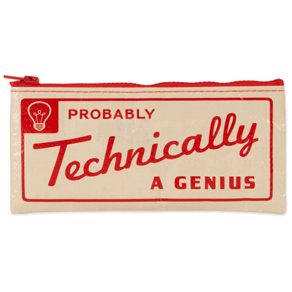 Pouch with 'Probably Technically A Genius' text and light bulb icon on beige background