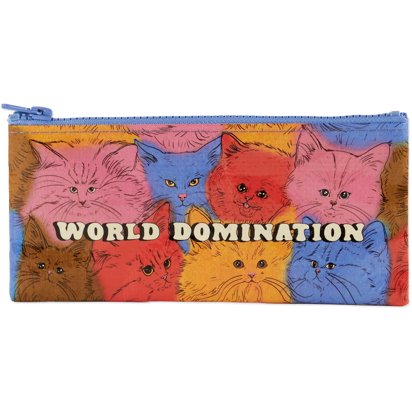 Pencil case with colorful cat illustrations and 'World Domination' text on a white background