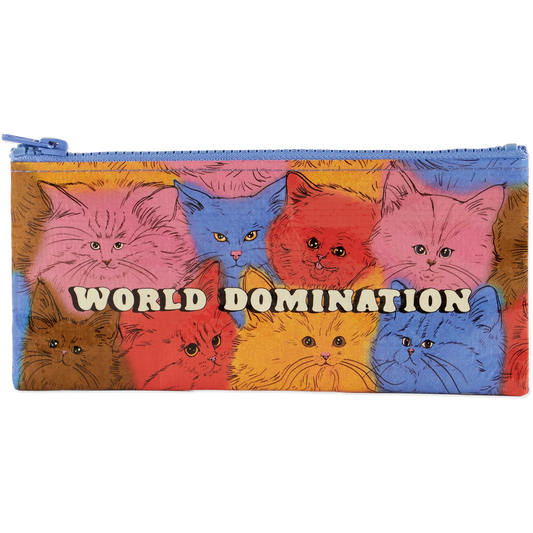 Pencil case with colorful cat illustrations and 'World Domination' text on a white background