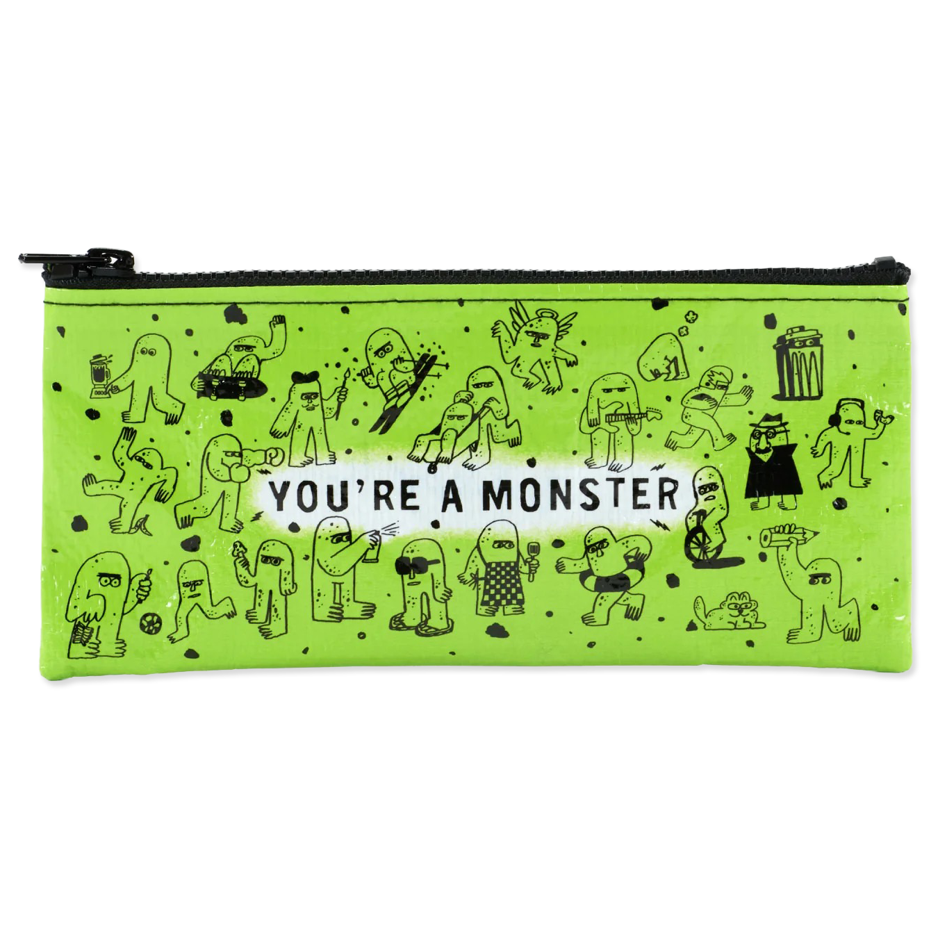Green pencil case with cartoon monsters and text 'You're a Monster' on a white background