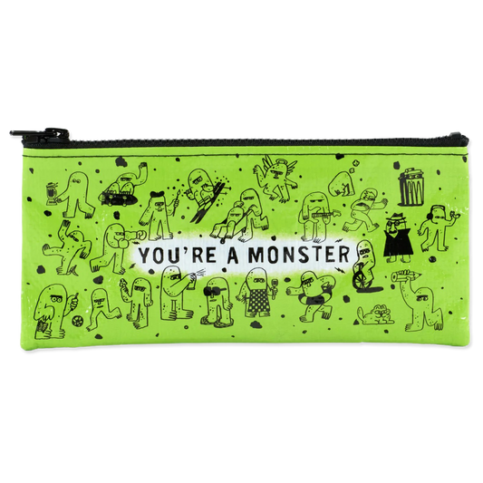 Green pencil case with cartoon monsters and text 'You're a Monster' on a white background