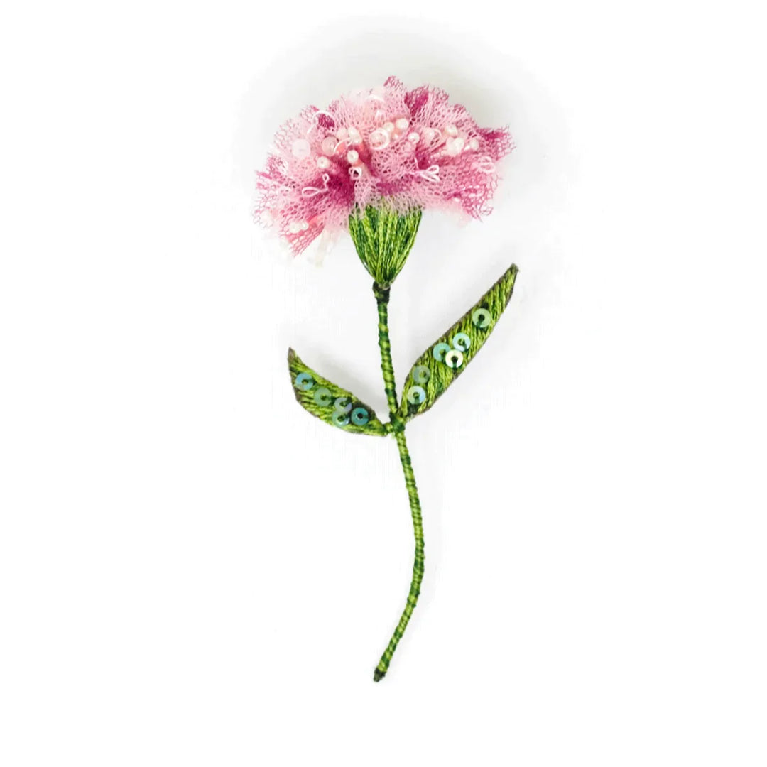 Pink Carnation Flower Embroidered Brooch