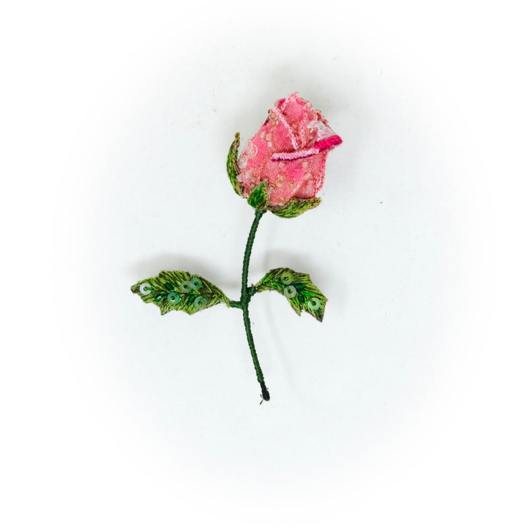 Pink Rose Bud Embroidered Brooch