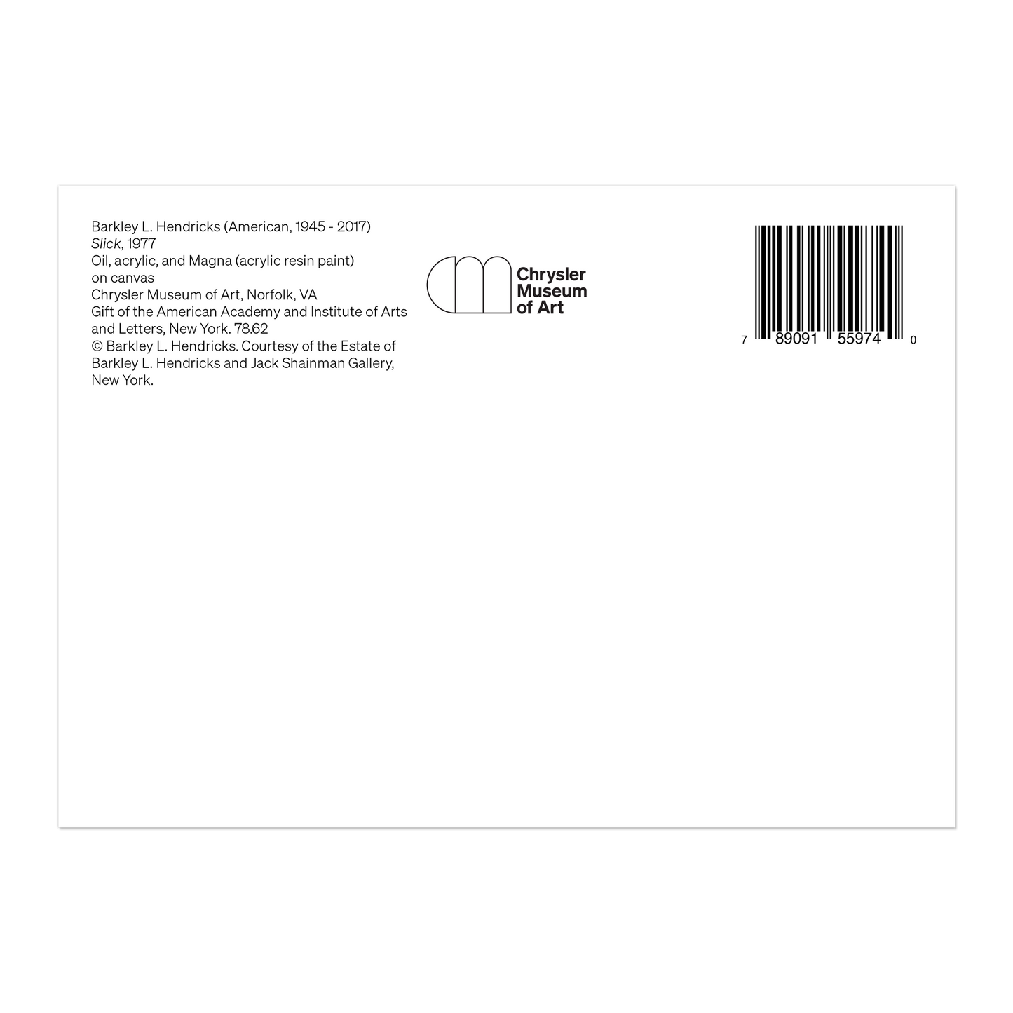 Back of a artwork with Chrysler Museum of Art branding and a barcode