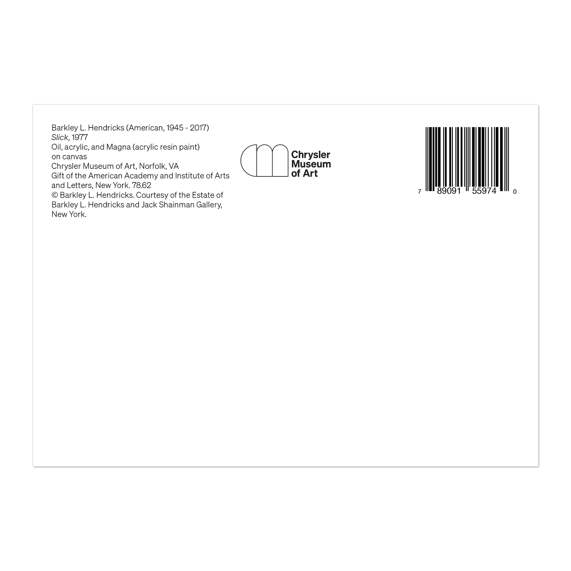 Back of a artwork with Chrysler Museum of Art branding and a barcode