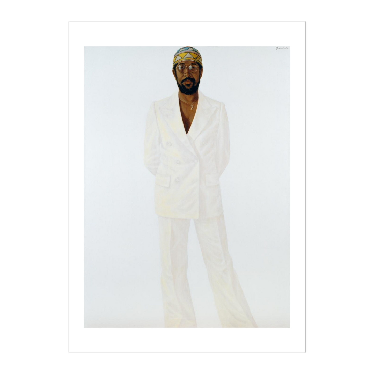 Person wearing a white outfit with a headscarf on a plain background