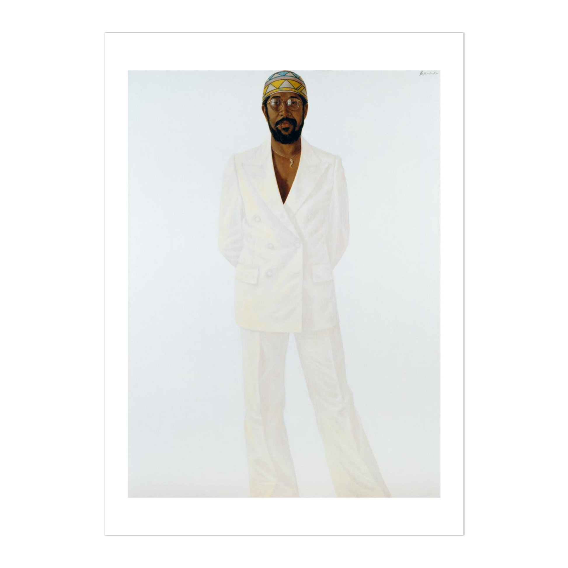 Person wearing a white outfit with a headscarf on a plain background