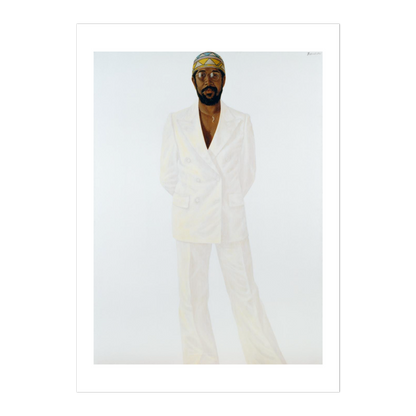 Person wearing a white outfit with a headscarf on a plain background