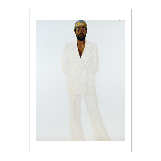 Person wearing a white outfit with a headscarf on a plain background