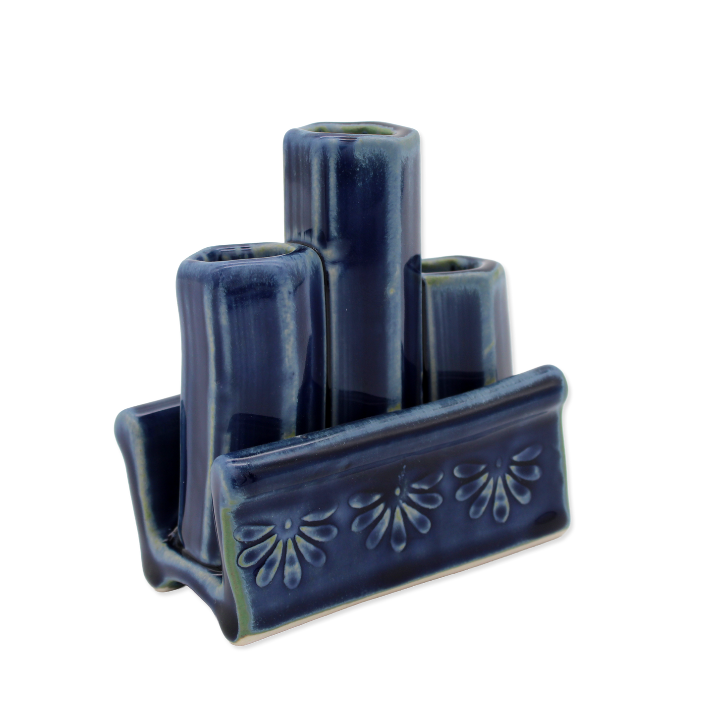 Blue ceramic vase holder with three cylindrical compartments on a white background