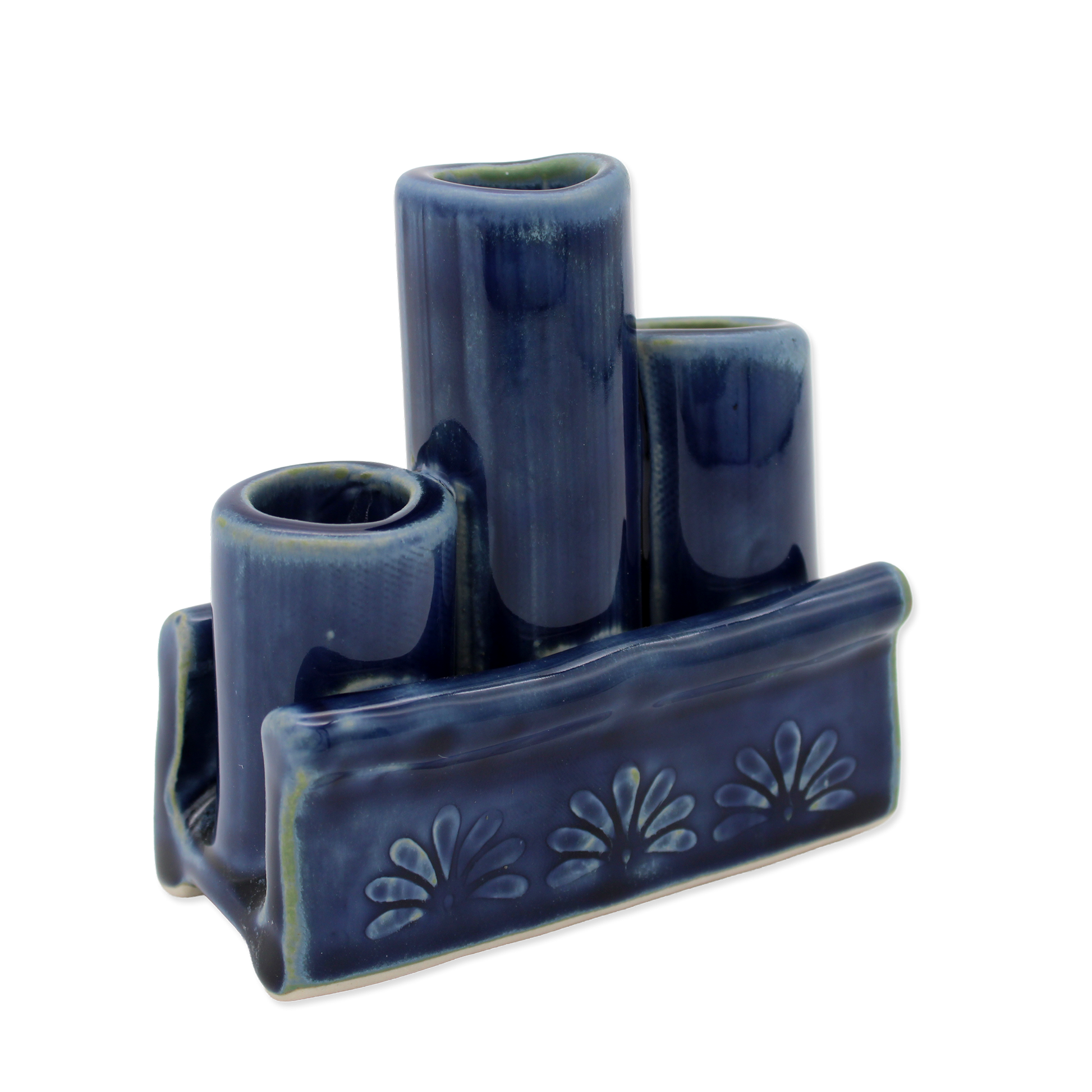Blue ceramic vase set with a rectangular base on a white background