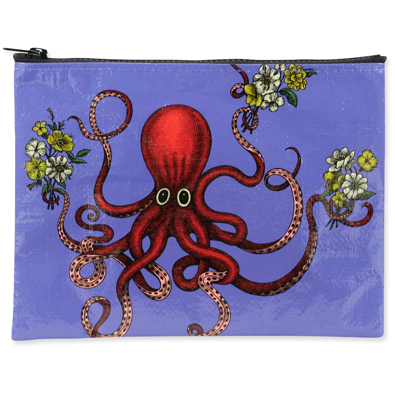 Pouch with a red octopus design on a purple background