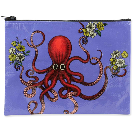 Pouch with a red octopus design on a purple background