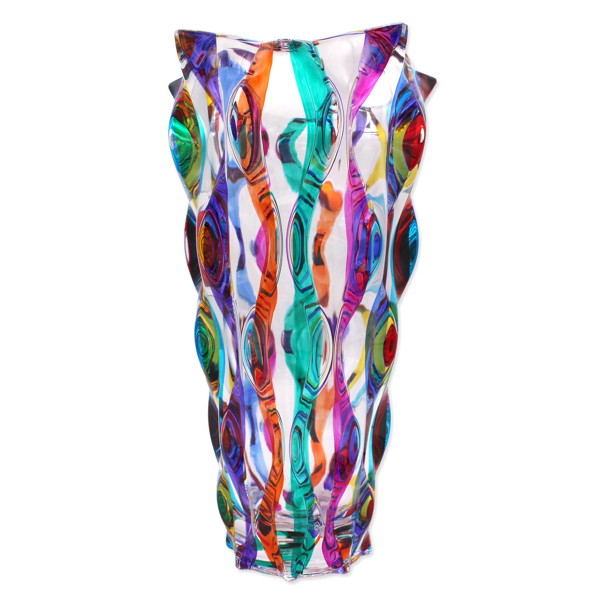 Colorful glass vase with wavy pattern on a white background