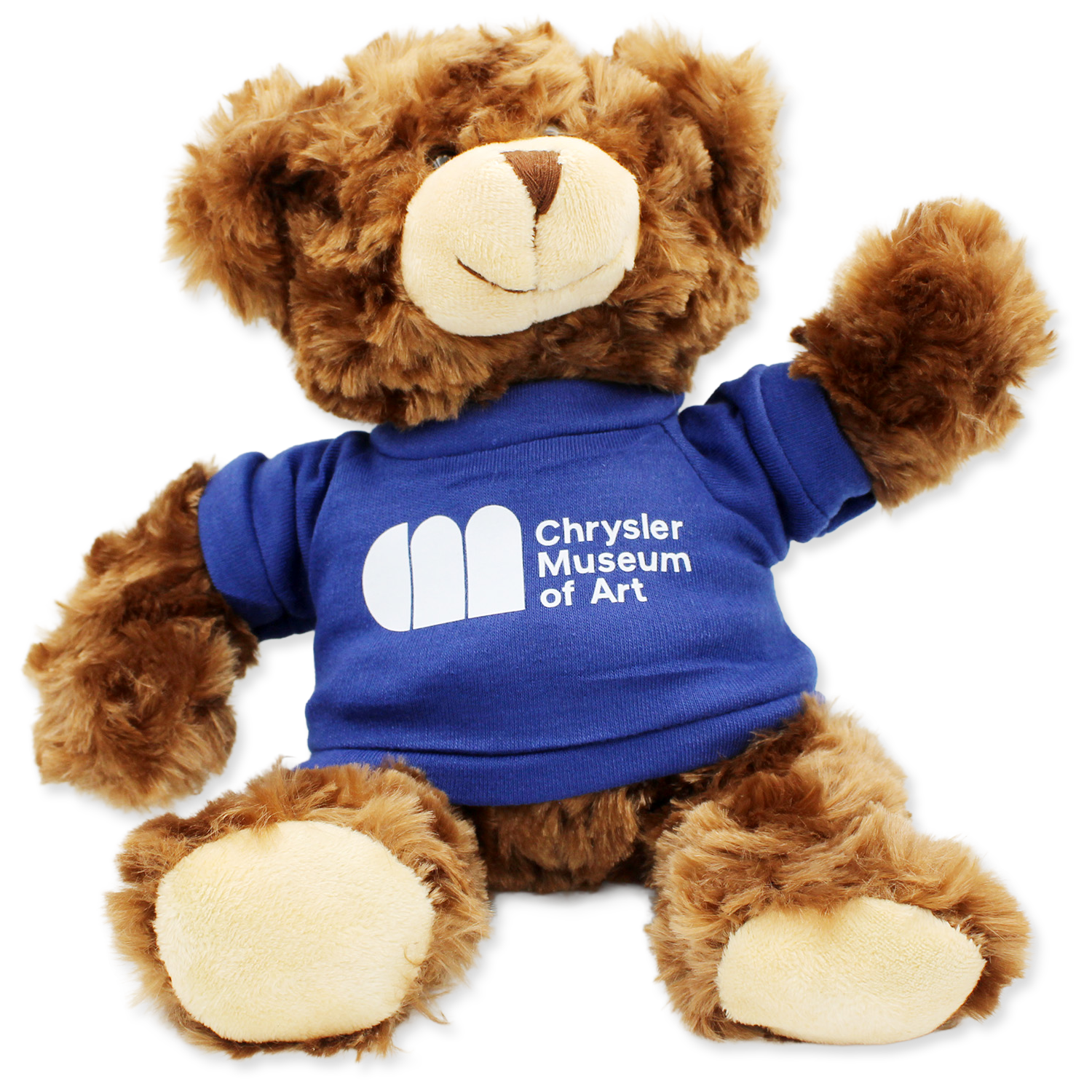 Brown teddy bear wearing a blue shirt with 'Chrysler Museum of Art' logo on a white background