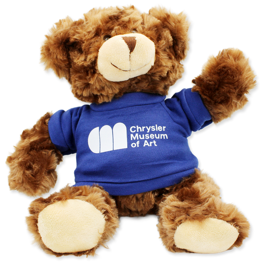 Brown teddy bear wearing a blue shirt with 'Chrysler Museum of Art' logo on a white background