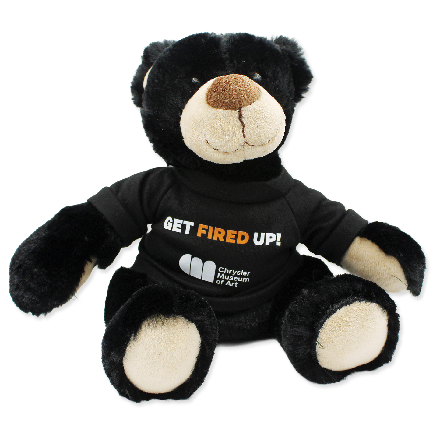 Black teddy bear wearing a shirt with text and a logo on a white background