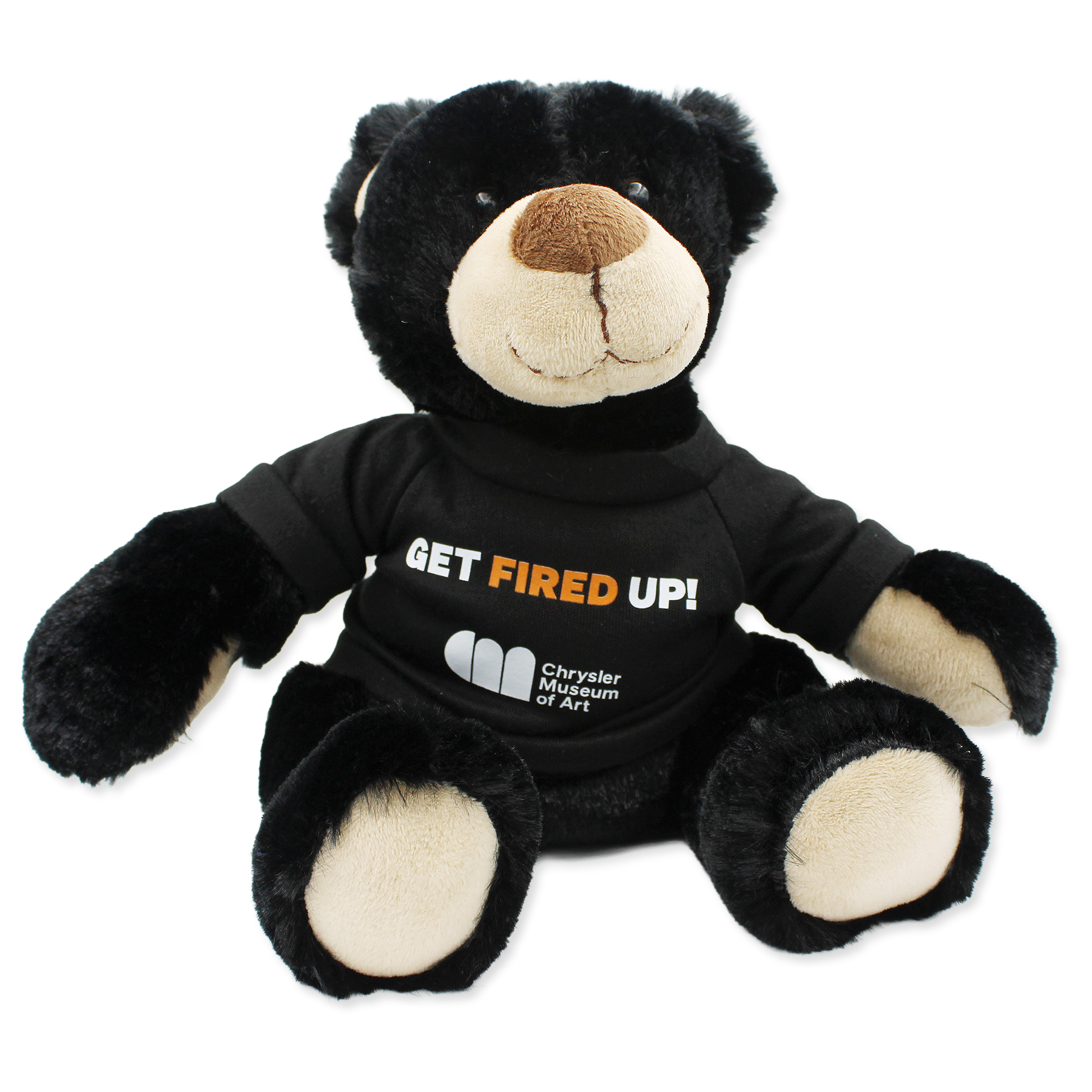 Black teddy bear wearing a shirt with text and a logo on a white background