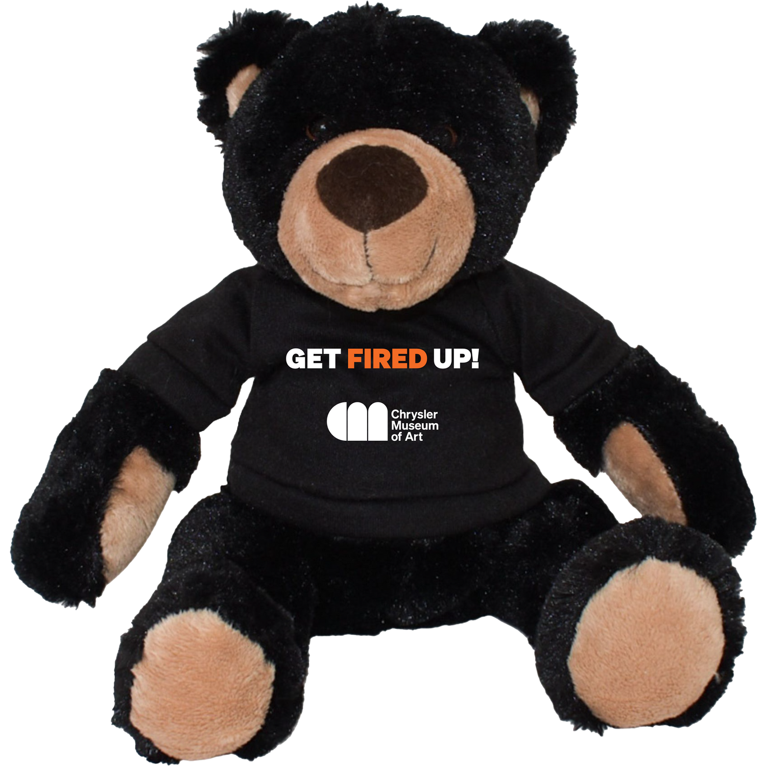 Rufus, the black teddy bear wearing his Chrysler Museum Glass Studio "Get Fired Up!" T-shirt - Chrysler Shop