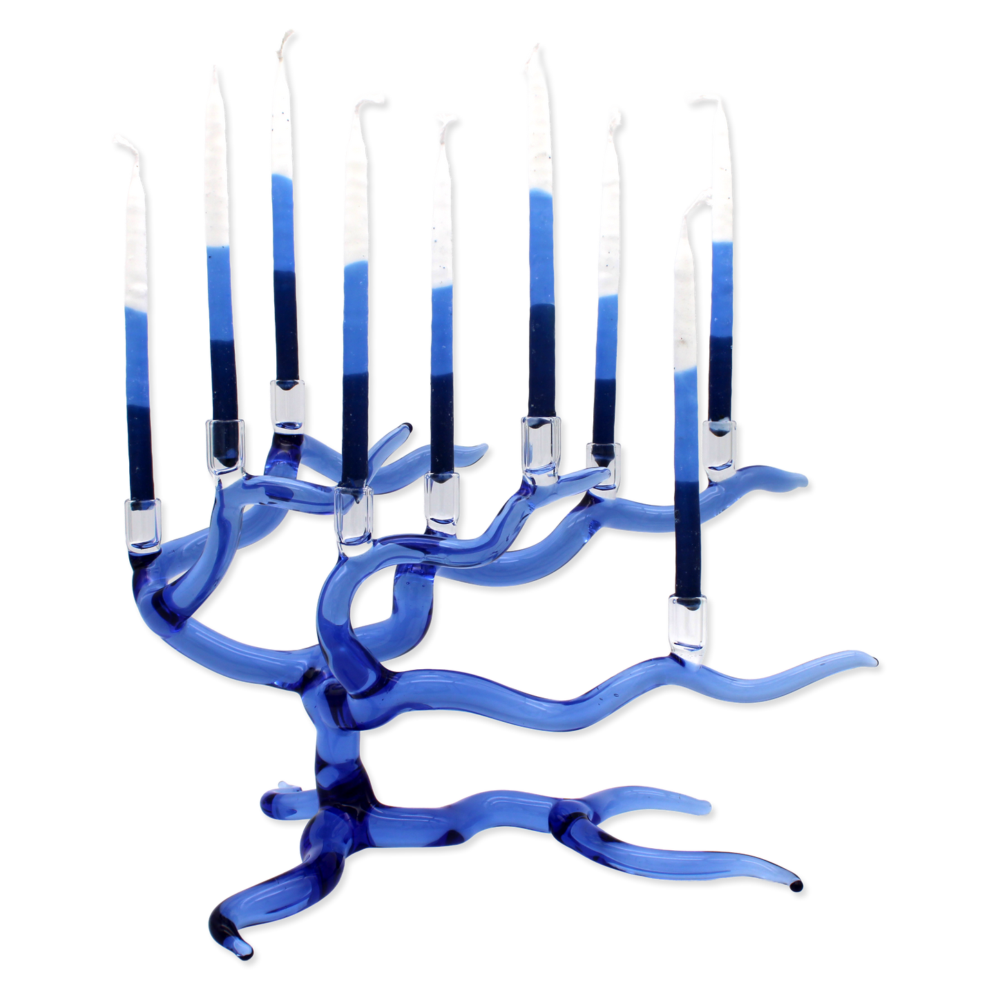 Blue glass Menorah with candle holders on a white background