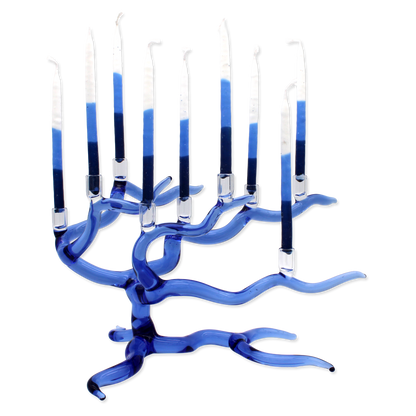 Blue glass Menorah with candle holders on a white background